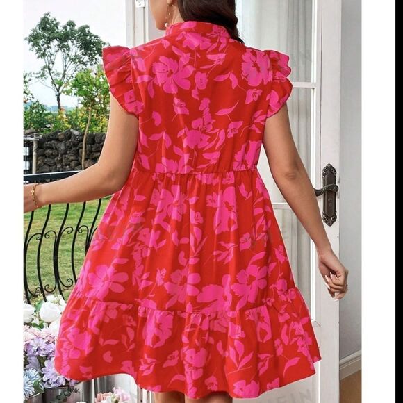 NEW SHEIN VCAY Plus Floral Print Notched Neck Ruffled Hem Sundress 18/3XL PINK - Picture 3 of 11
